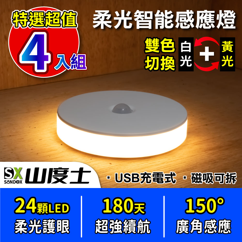 【超值勁省4入組】山度士 24顆LED雙色柔光智能感應磁吸小夜燈 SL-178 (充電式)