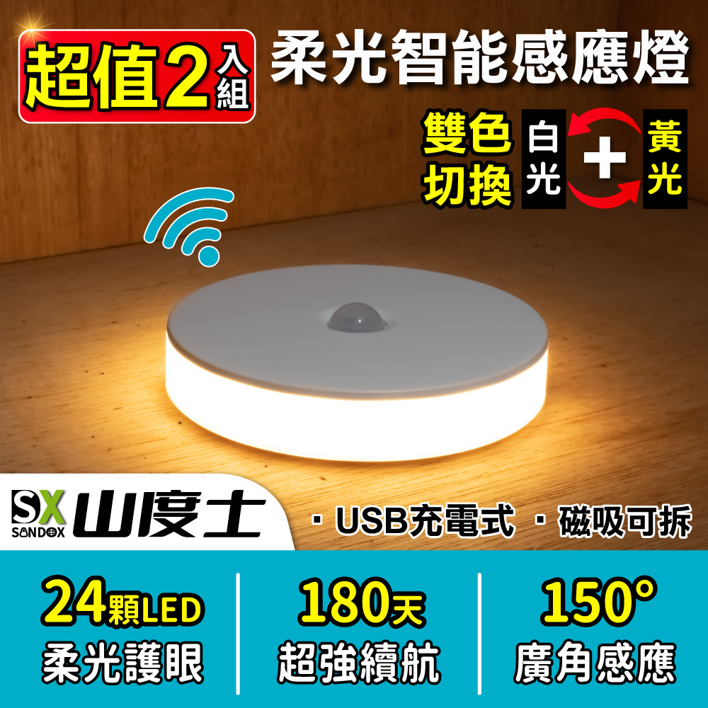 【勁省2入組】山度士 24顆LED雙色柔光智能感應磁吸小夜燈 SL-178 (充電式)