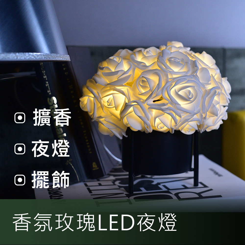 【莎姐嚴選】香氛玫瑰LED擴香夜燈-40朵經典花盆款 (附贈USB充電插頭)
