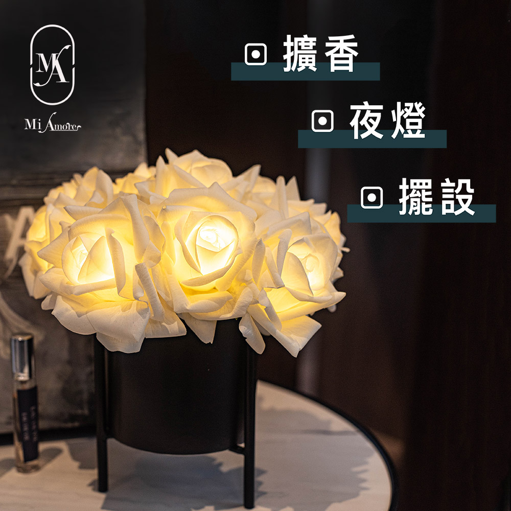 【愛莯】10朵玫瑰花LED夜燈經典黑陶瓷花盆系列(附贈USB充電插頭)