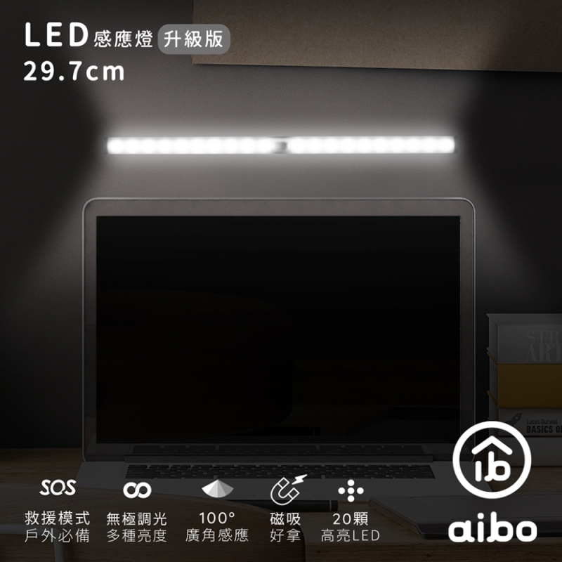 aibo 升級版多功能 USB充電磁吸式 29.7cmLED感應燈管(LI-33L)-冷白光