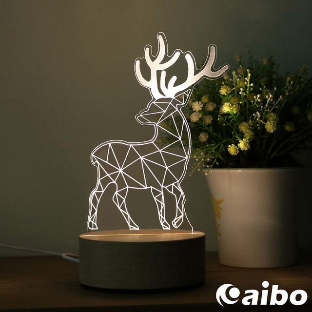 北歐風3D立體造型 LED原木底座USB小夜燈(線控開關)-梅花鹿