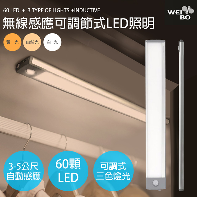WEI BO原廠 白黃光可調顏色與亮度款 磁吸式無線平板自動感應燈60顆LED燈(32.3公分)內置鋰電池免牽線