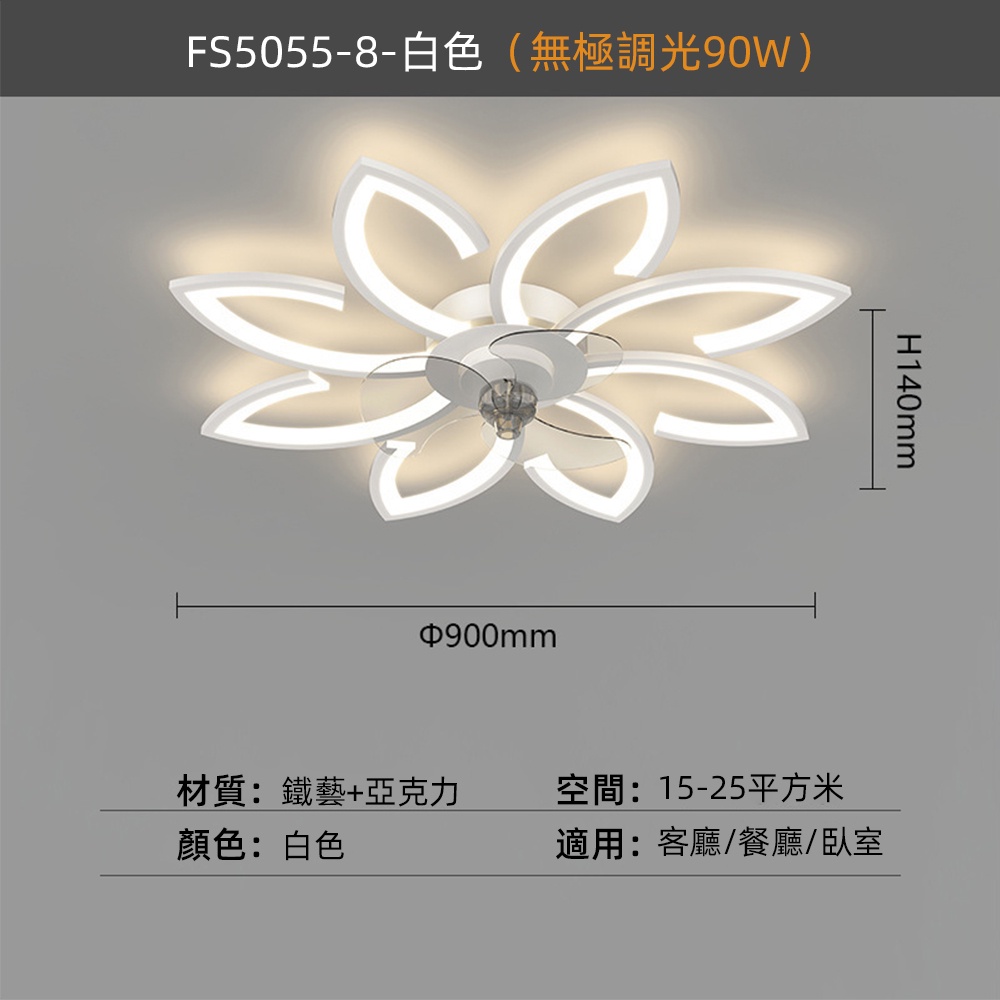 【興沐燈飾】花朵創意臥室七葉吸頂隱形風扇燈FS50558-白色大號