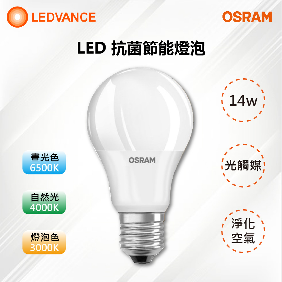 ※2入※【OSRAM 歐司朗】抗菌 光觸媒 淨化 LED E27燈泡 球泡燈 14W