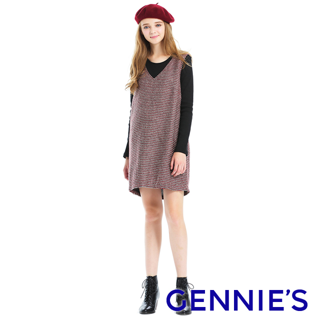 Gennies奇妮 立體織紋羊毛背心洋裝(紅灰C2A01)