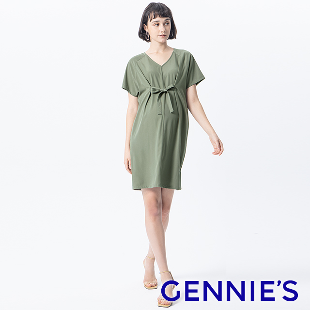 Gennies奇妮 優雅連袖孕婦洋裝(綠T1L16)