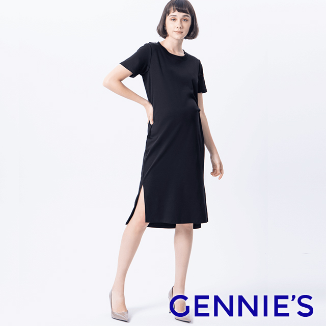 Gennies奇妮 絲光純色扭結孕婦洋裝(黑T1L08)