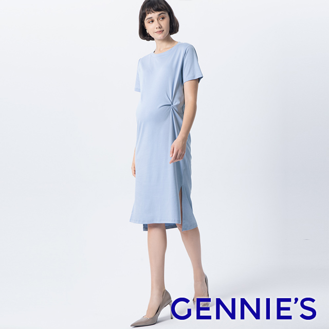 Gennies奇妮 絲光純色扭結孕婦洋裝(藍T1L07)