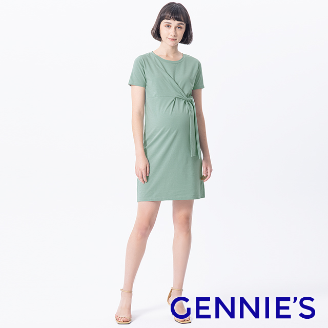 Gennies奇妮 立體剪裁綁結孕婦洋裝(綠T1L11)
