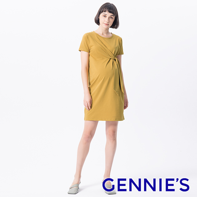 Gennies奇妮 立體剪裁綁結孕婦洋裝(黃T1L12)