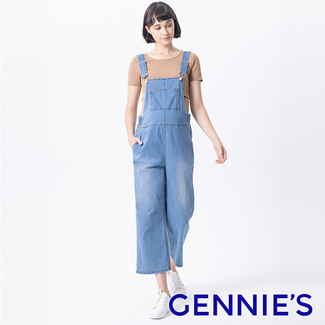 Gennies奇妮 率性寬版吊帶孕婦牛仔褲(藍TJL02)