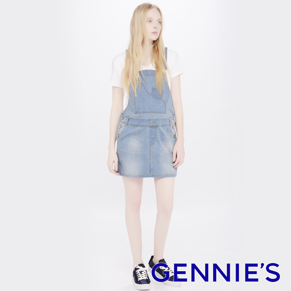 Gennies奇妮 質感刷色牛仔吊帶裙(藍/黑TJE02)