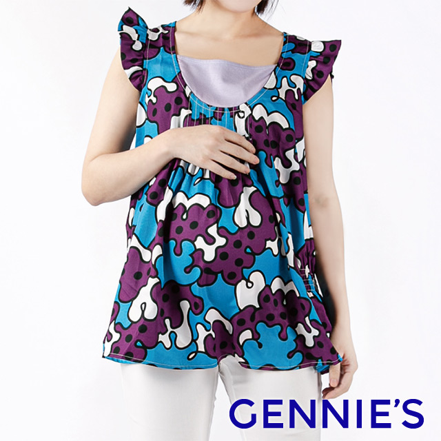 Gennies奇妮 個性不規則拼圖荷葉袖上衣(紫藍C3951)