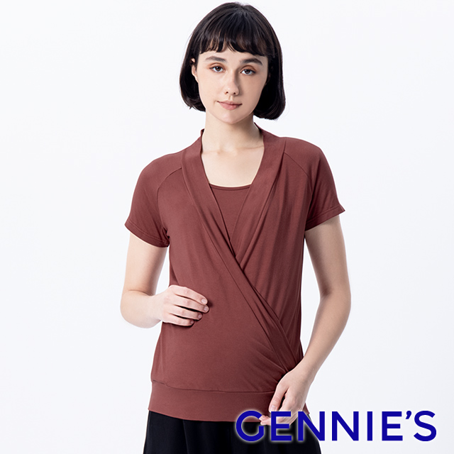 Gennies奇妮 假兩件哺乳上衣(咖啡紅T3L08)