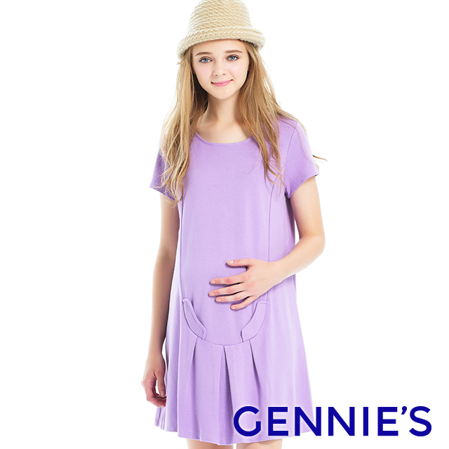 Gennies奇妮 簡約棉質百摺長版上衣(紫T3A25)