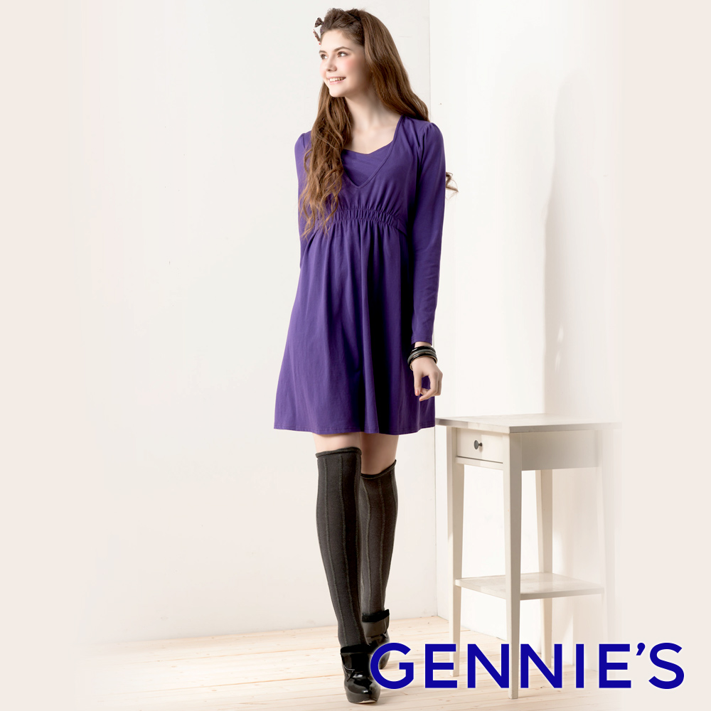 Gennies奇妮 V領束腰哺乳洋裝(紫/黑GN096)