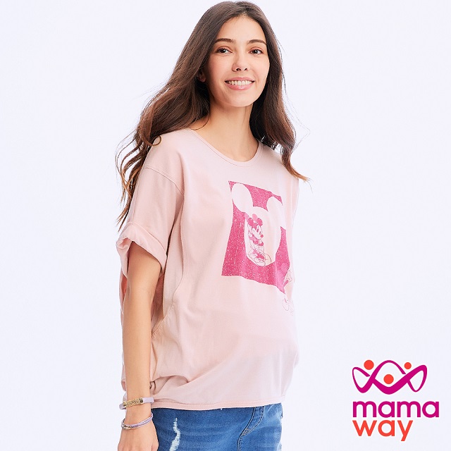 【mamaway 媽媽餵】迪士尼疊影米奇孕哺罩衫(灰粉)