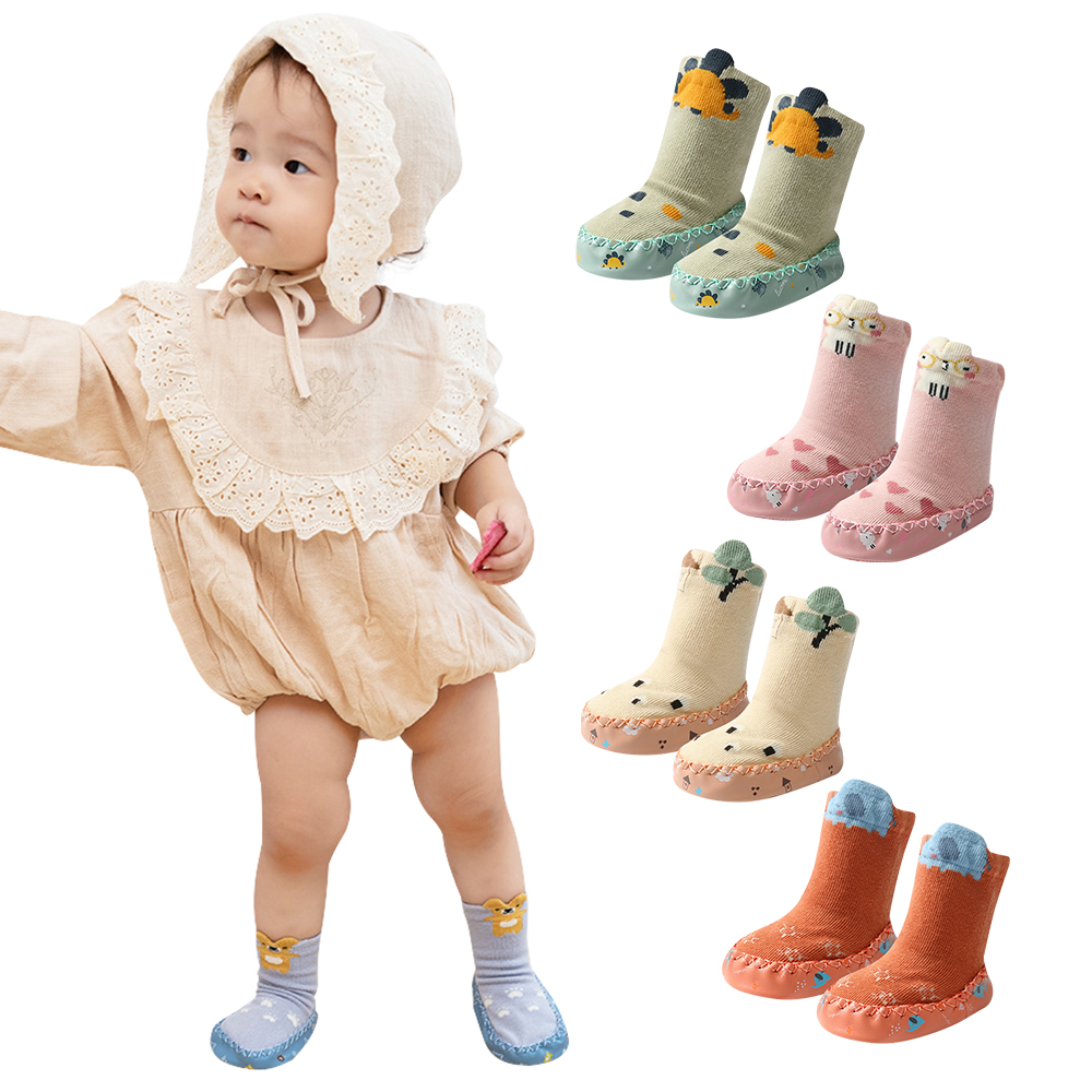 【3入】寶寶學布鞋 地板襪 印花包邊點膠室內鞋 皮底襪