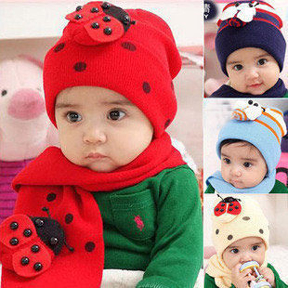 PS MALL甲殼蟲帽兒童帽子圍巾2件套 保暖秋冬款嬰兒帽 2入