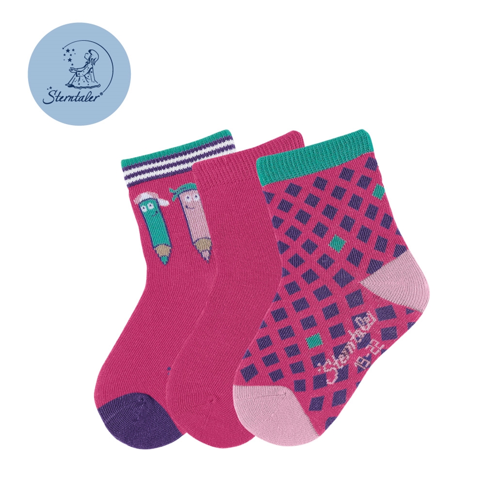STERNTALER 寶寶襪3入組-鉛筆格紋-桃(8-14cm)