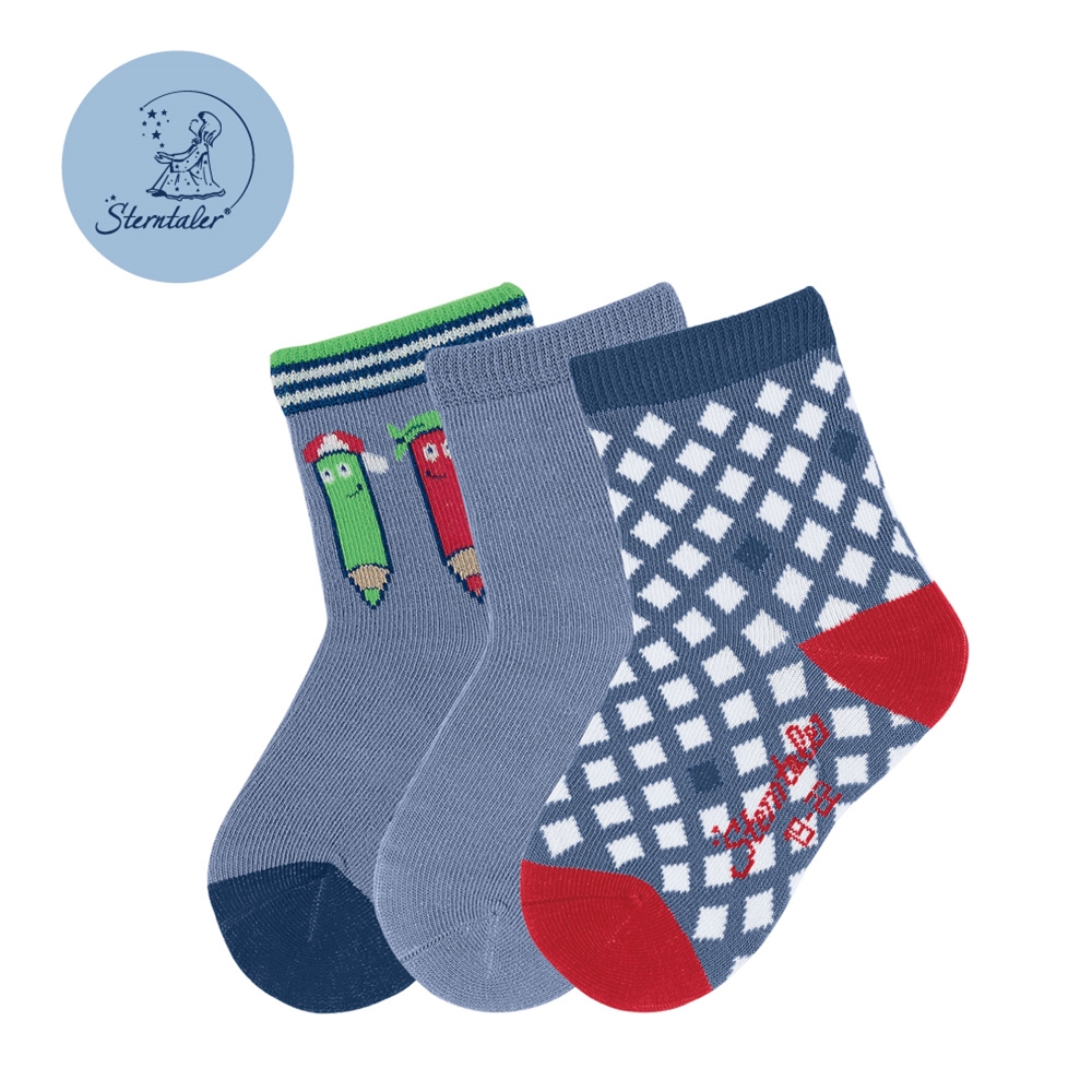 STERNTALER 寶寶襪3入組-鉛筆格紋-藍(8-14cm)