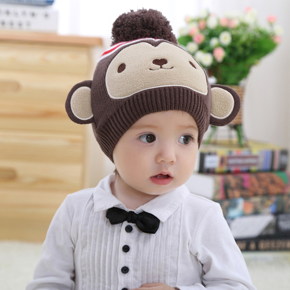 PS MALL咖啡猴子造型寶寶套頭帽 保暖動物帽子 兒童帽子 1入