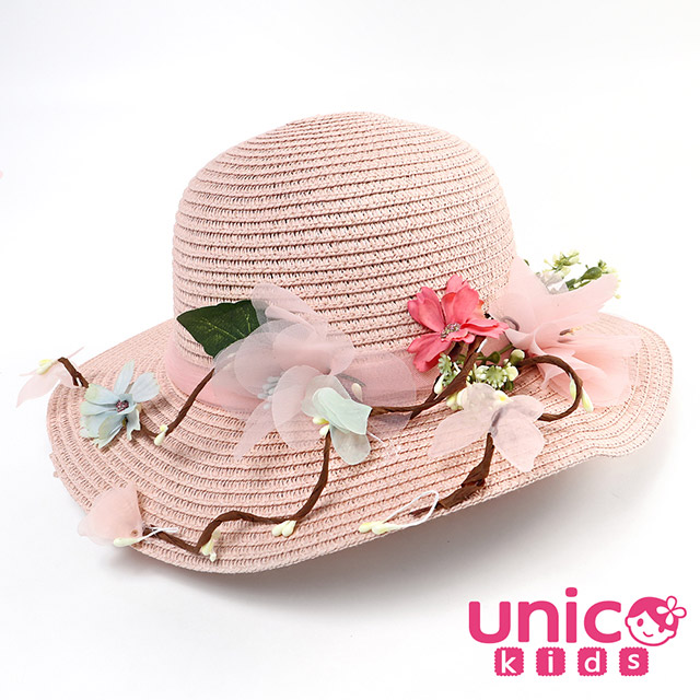 UNICO 兒童 時尚媽咪最愛夏季女童可折疊遮陽帽/草帽/沙灘帽-粉圓邊花朵