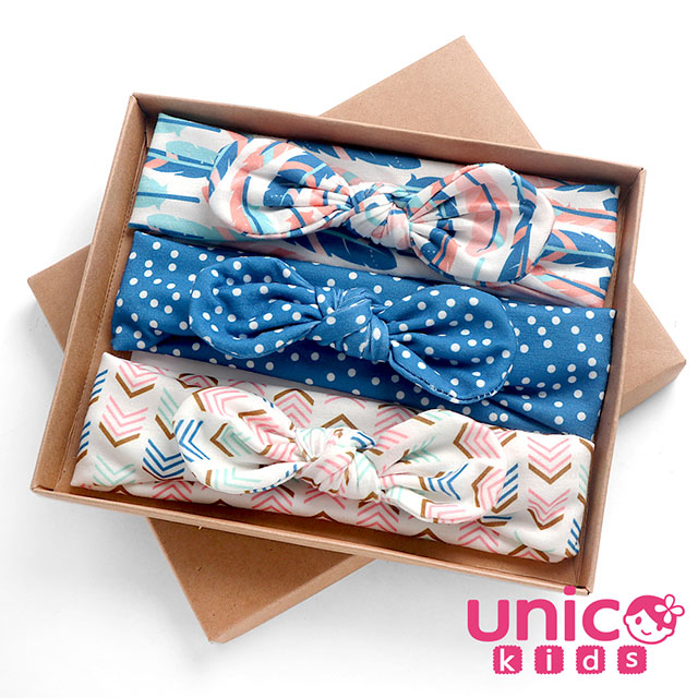 UNICO 兒童 歐美系髮帶禮盒裝-粉藍海洋風