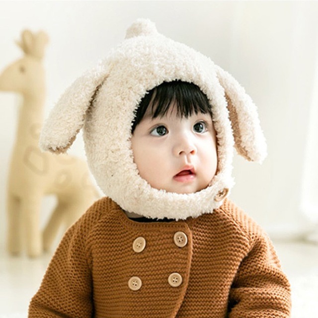 韓版 秋冬寶寶保暖兔耳造型帽-米色