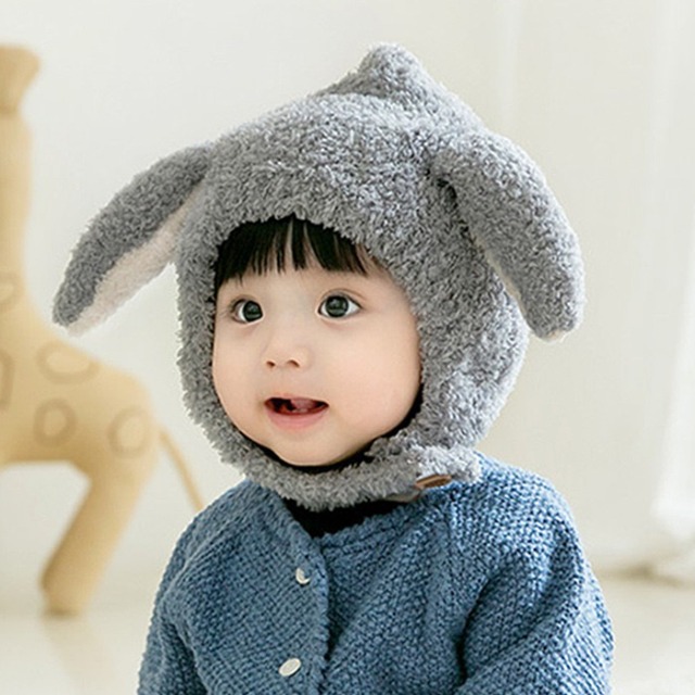 韓版 秋冬寶寶保暖兔耳造型帽-灰色