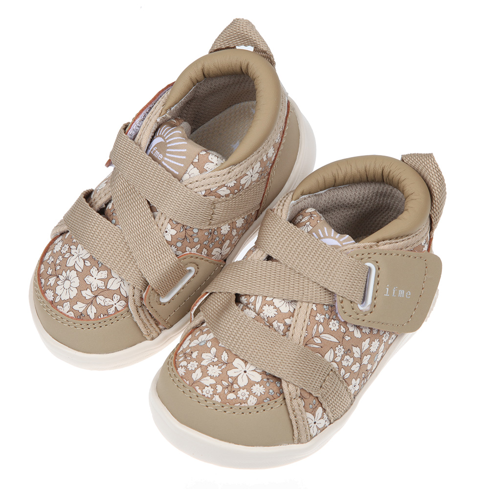 《布布童鞋》日本IFME童趣小花卡其色超輕量寶寶機能學步鞋(12.5~15公分) [ P1Z611I