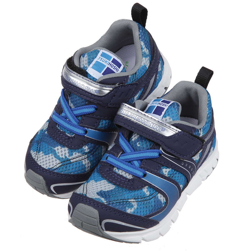 《布布童鞋》日本TSUKIHOSHI迷彩海軍藍色兒童機能運動鞋(15~21公分) [ I1H0A5B