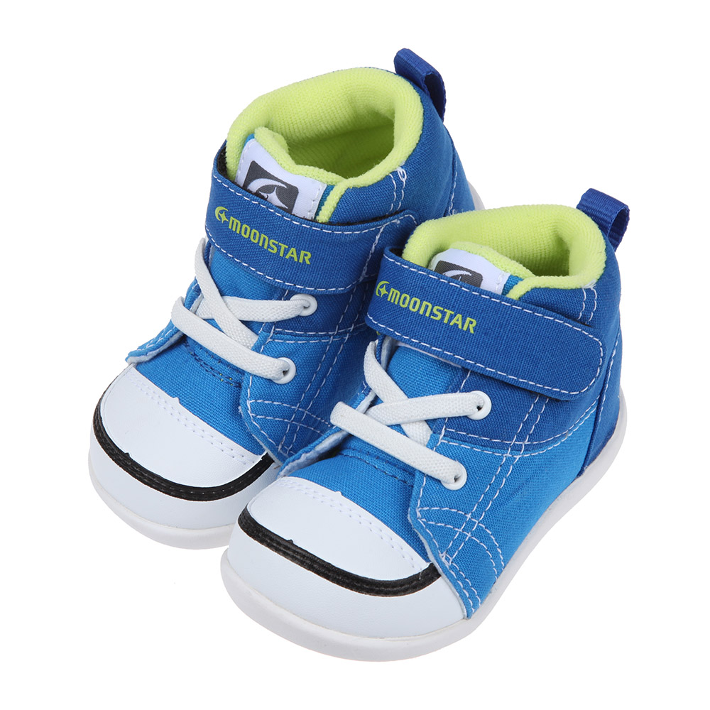 《布布童鞋》Moonstar日本藍色帆布寶寶中筒機能學步鞋(13~14.5公分) [ I1T366B