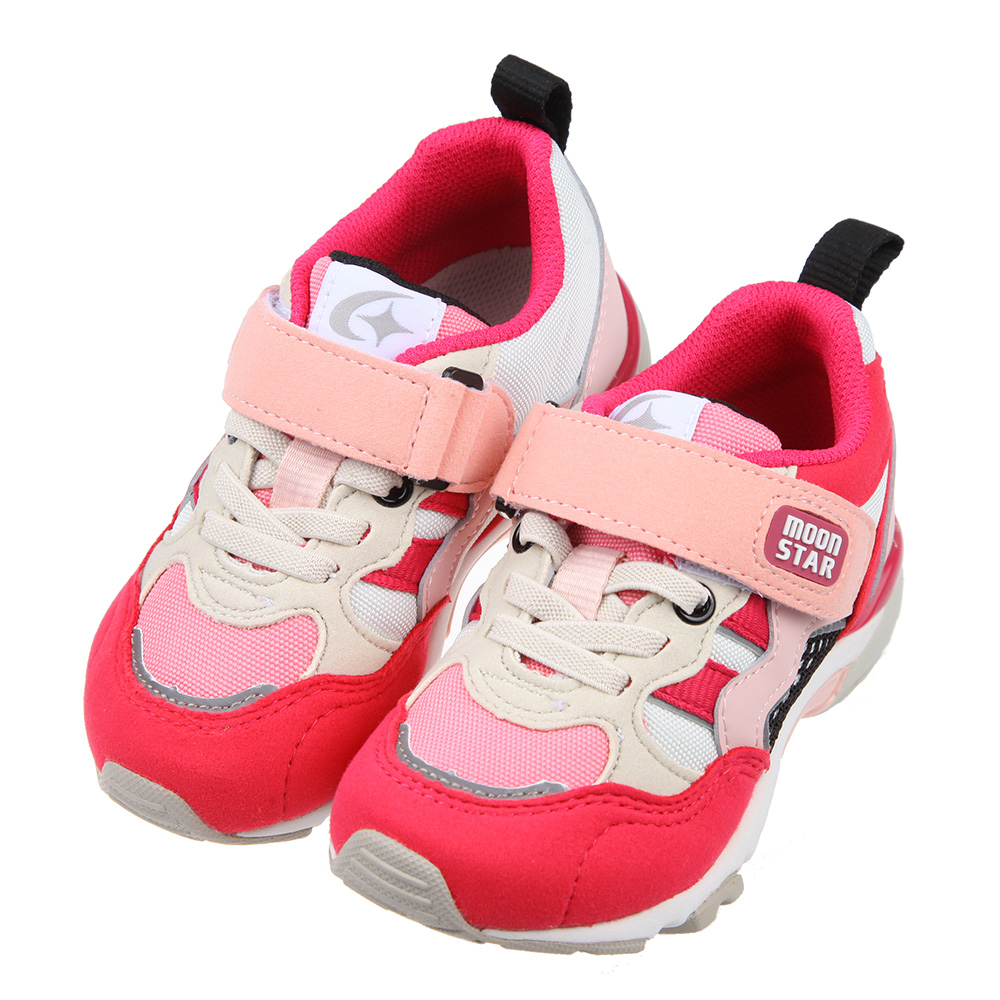 《布布童鞋》Moonstar日本Hi系列3E寬楦桃粉色兒童機能運動鞋(16~21公分) [ I2P932G