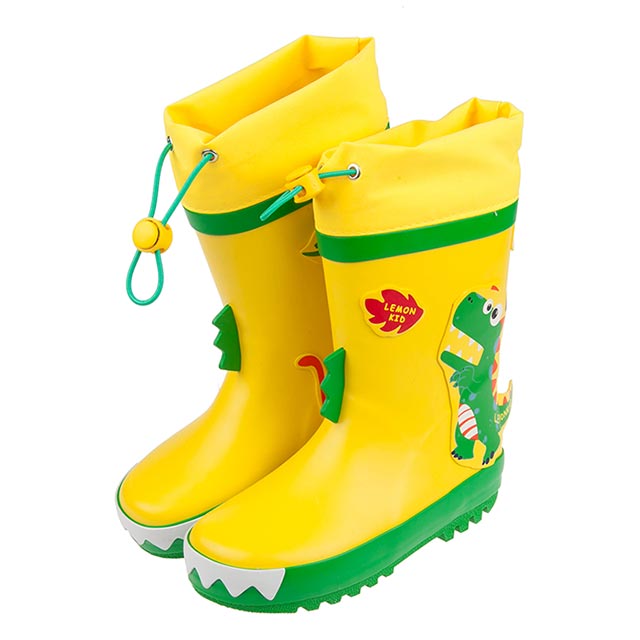 《布布童鞋》3D立體恐龍亮彩黃色束口款兒童橡膠雨鞋(18~23公分) [ O0N13AK
