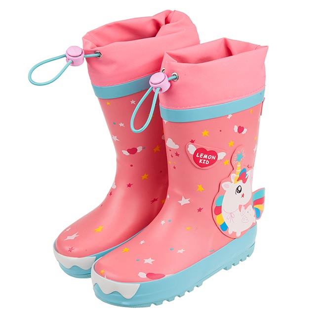 《布布童鞋》3D立體獨角獸絢麗桃色束口款兒童橡膠雨鞋(18~23公分) [ O0P13BH