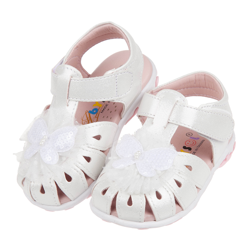 《布布童鞋》蕾絲蝴蝶白色真皮寶寶涼鞋(13.5~17公分) [ K1A055M