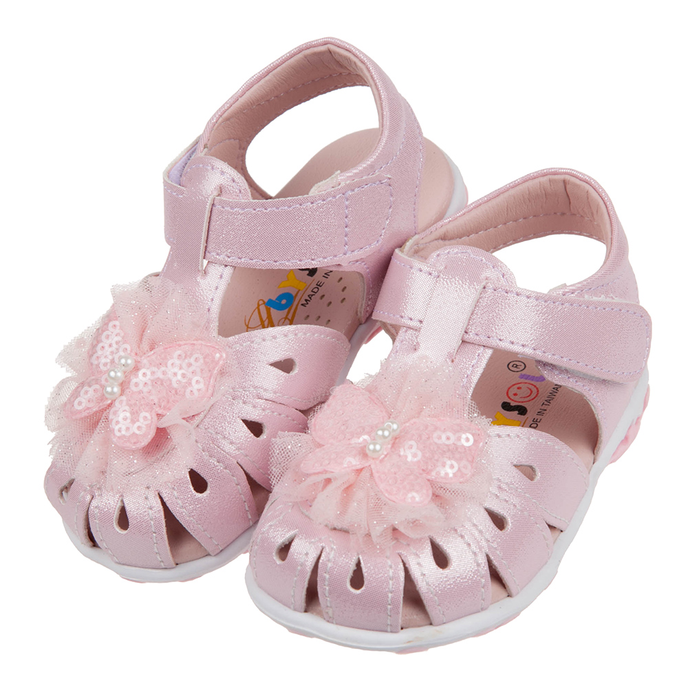 《布布童鞋》蕾絲蝴蝶粉色真皮寶寶涼鞋(13.5~17公分) [ K1B055G