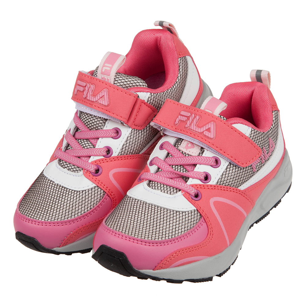 《布布童鞋》FILA經典網狀防潑水桃紅灰兒童機能運動鞋(19~24公分) [ P1E242H