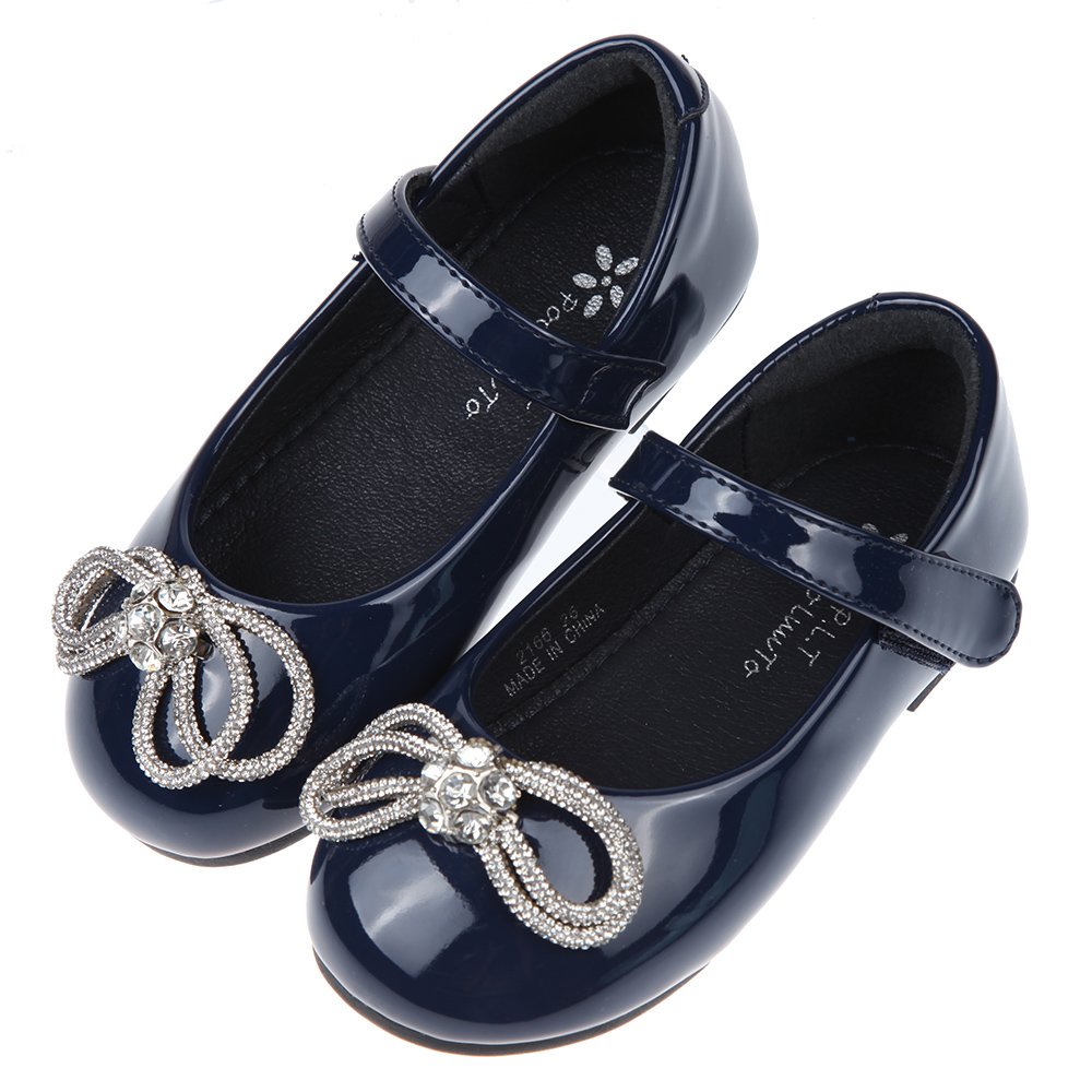 《布布童鞋》閃亮鑽石水晶蝴蝶結深藍色兒童公主鞋(16~21公分) [ Q1R166B