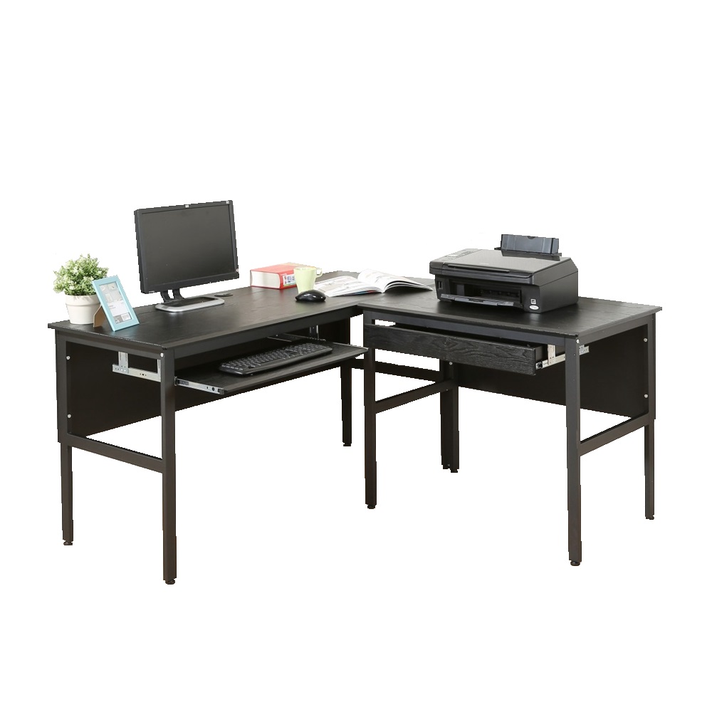 《DFhouse》頂楓150+90公分大L型工作桌+1抽屜+1鍵盤-黑橡木色