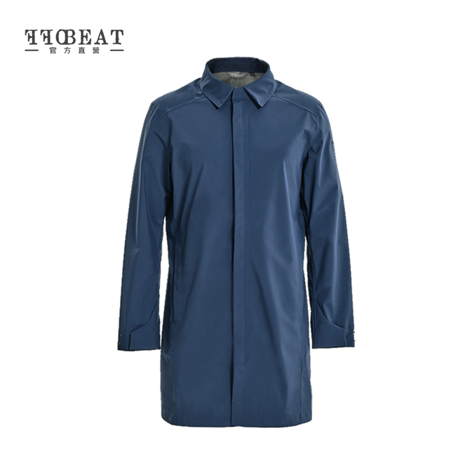 OFFBEAT 男款 防水透濕極簡風衣外套 長板風雨衣/輕量機能-海軍藍