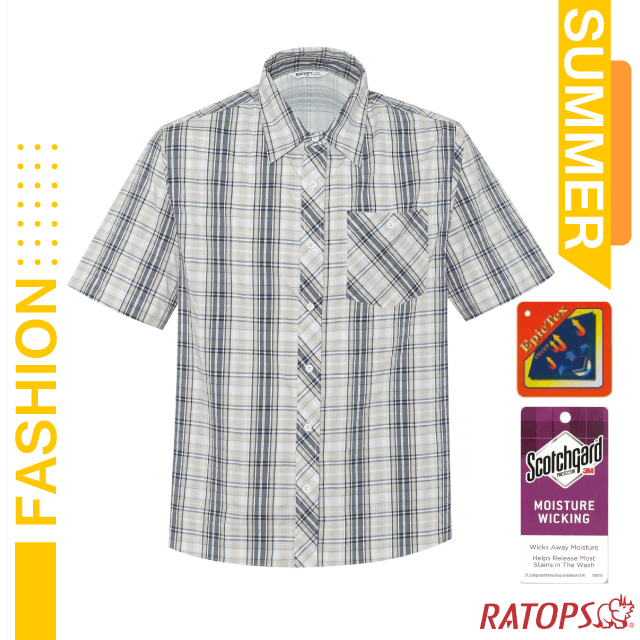 【瑞多仕-RATOPS】男款 短袖彈性格子襯衫.休閒衫.吸濕排汗衣 DA2505 宇宙藍灰/土褐
