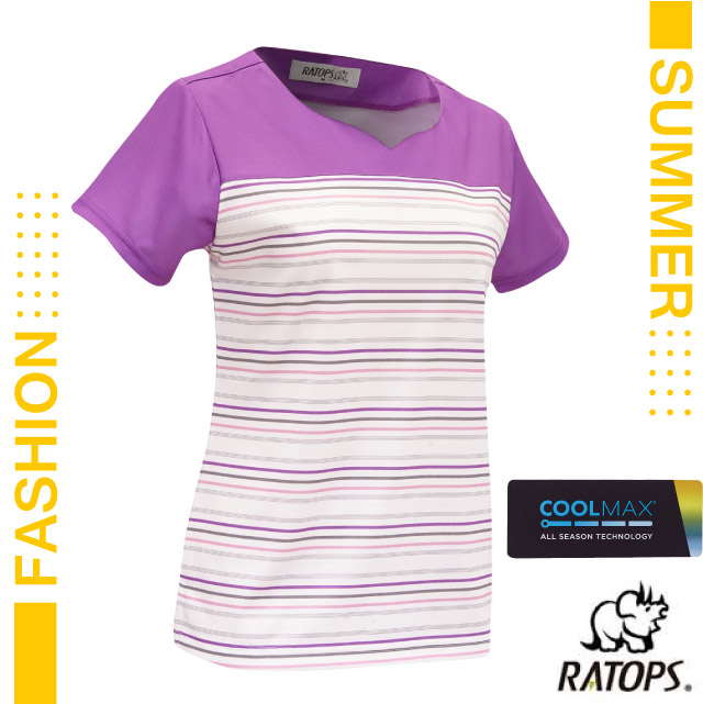 【瑞多仕-RATOPS】女款 COOLMAX 輕量透氣短袖條紋印花衫(雞心領)/DB1761 紫色/灰色/粉色
