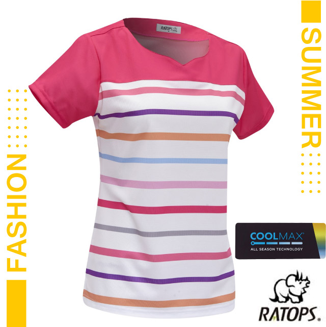 【瑞多仕-RATOPS】女款 COOLMAX 輕量透氣短袖條紋印花衫(雞心領)/DB1762 桃紅色/紫色/桔色/灰色