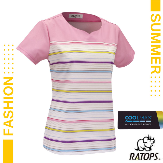 【瑞多仕-RATOPS】女款 COOLMAX 輕量透氣短袖條紋印花衫(雞心領)/DB1763 粉紅色/黃色/紫色/藍色