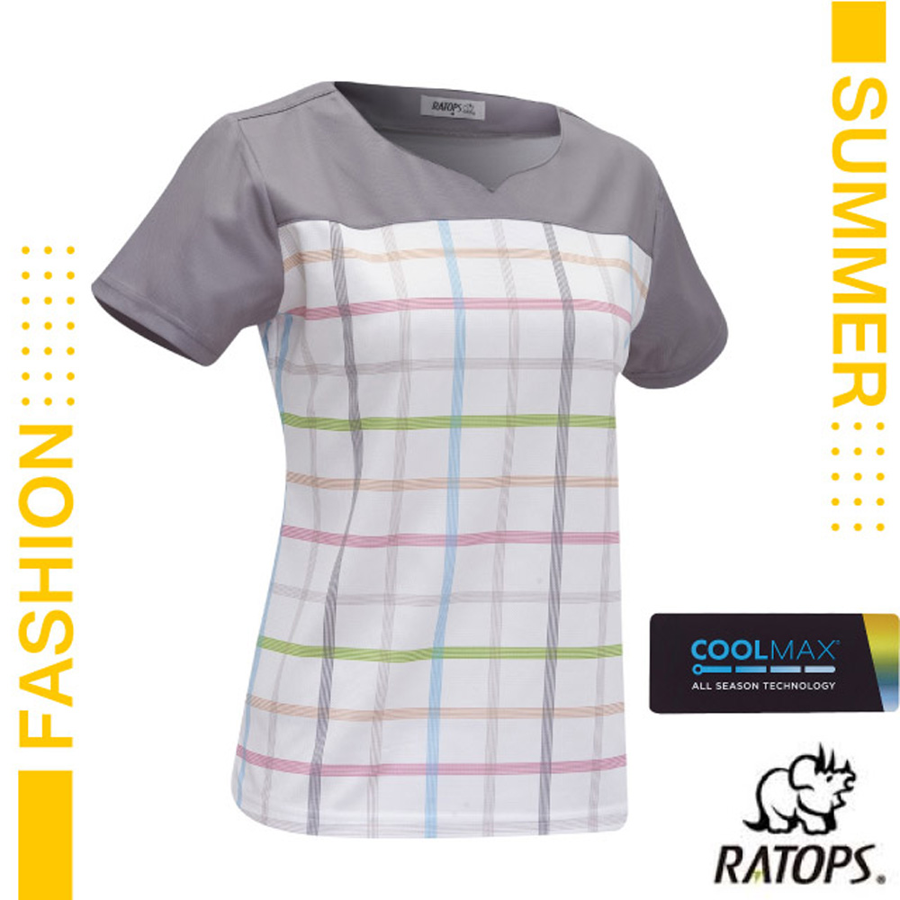 【瑞多仕-RATOPS】女款 COOLMAX 輕量透氣短袖格紋印花衫(雞心領)/DB1764 灰色/粉色/藍色/綠色
