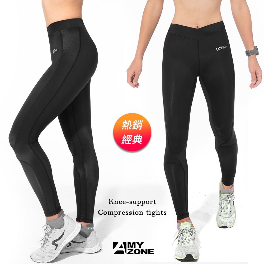 【A-MYZONE】女款 超彈萊卡經典護膝壓力褲-2.0升級口袋版（經典黑）