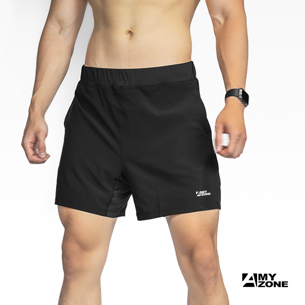 【A-MYZONE】男款 2in1兩件式衝鋒跑褲｜隱藏式內裏運動短褲-黑